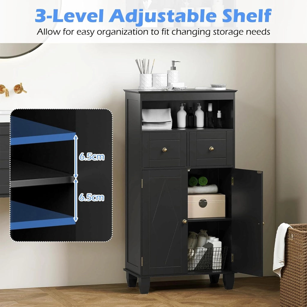 Armadietto da bagno da 108 cm, autoportante con 2 cassetti, ripiano regolabile e ripiano aperto, 56 x 30 cm, per lavanderia e ingresso (nero)