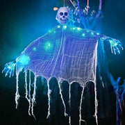 Skeletto di Halloween appeso, fantasma magro con luci che volano, decorazione per porta con scheletro, decorazione appesa per casa diabolica, casa horror, ingresso, giardino, esterno.