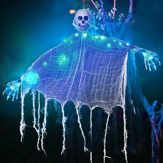Skeletto di Halloween appeso, fantasma magro con luci che volano, decorazione per porta con scheletro, decorazione appesa per casa diabolica, casa horror, ingresso, giardino, esterno.