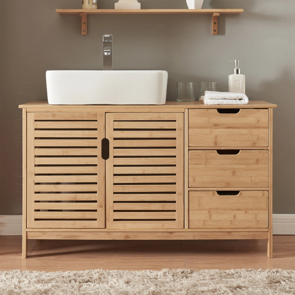 Mobile Sottolavabo Boksereys con Scomparto Chiuso e 3 Cassetti 60 x 100 x 35 cm - Bambù Naturale [en.casa]
