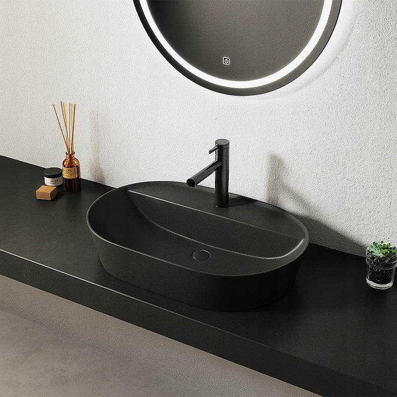 LAVABO DA APPOGGIO OVALE IN CERAMICA NERA DA POSIZIONARE CON FORO GRANDE 60 CM