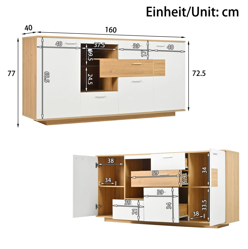 Credenza moderna 160x40x77 cm con LED, 2 ante e 4 cassetti