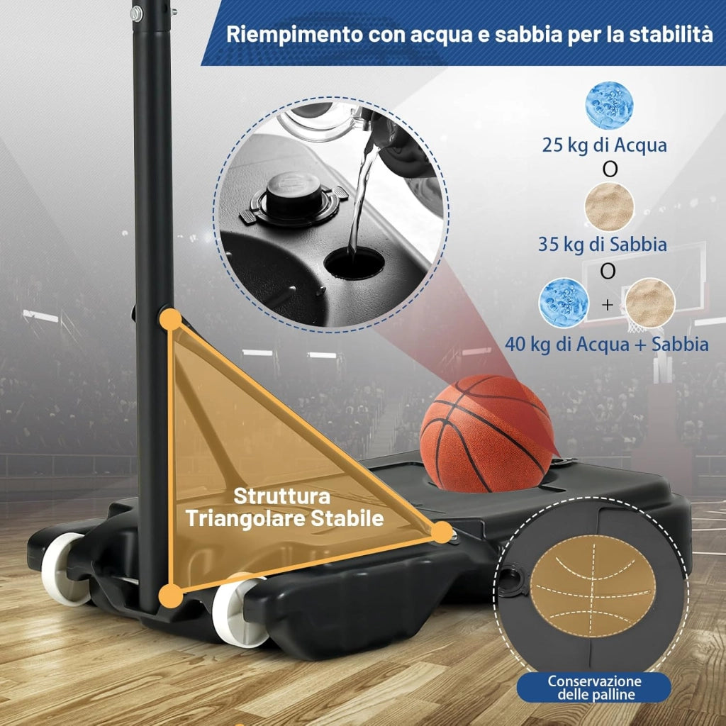 Canestro Basket da Interno ed Esterno Portatile e Regolabile in Altezza 90-210cm, Canestro da Basket per Bambini con Ruote, Incavo per Pallone e Tabellone Infrangibile
