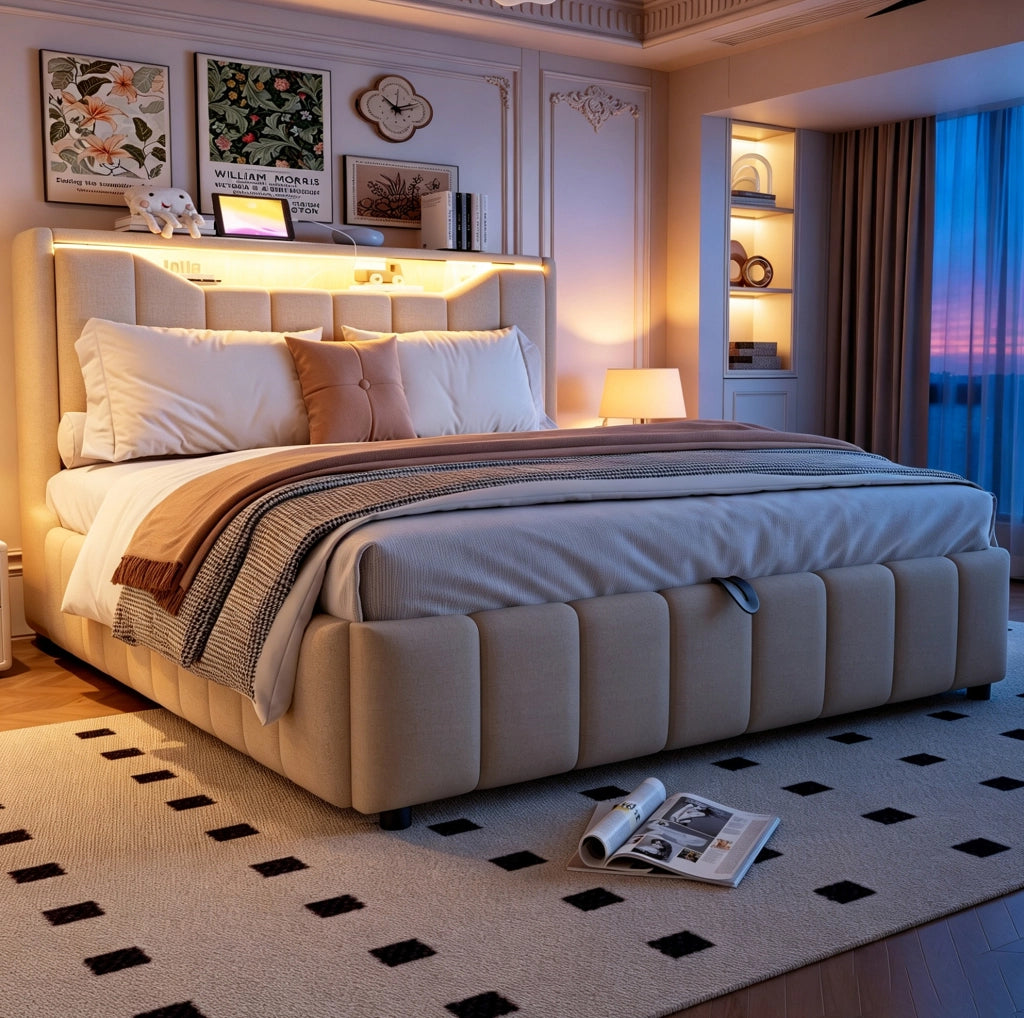 Letto imbottito contenitore 140 x 200 cm beige con LED, porte USB e USB-C