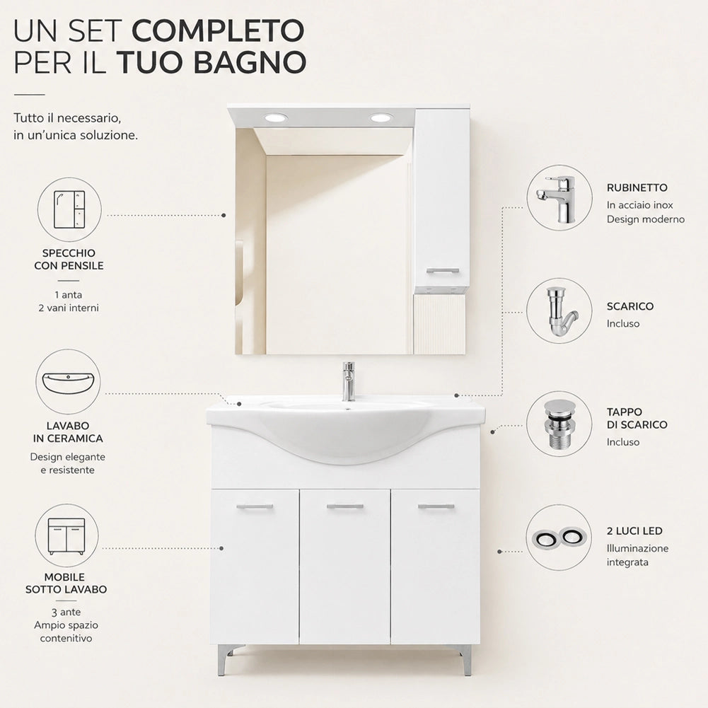 Set Completo Mobile da Bagno da Terra 101cm Tre Ante Bianco Specchio e Accessori