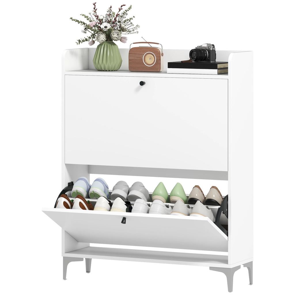 Mobile Scarpiera Slim con 2 Cassetti a Ribalta e Ripiani Regolabili. in Legno e Metallo. 80x24x101 cm. Bianco