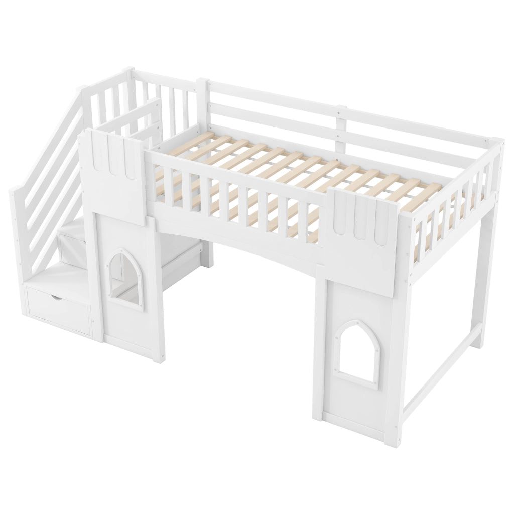 LETTO A CASTELLO con scala contenitore e finestre 90 x 200 cm bianco