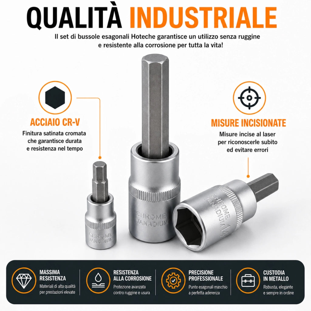 Set 18 Bussole Brugola Chiavi Esagonali Maschio H3-H14 1/4" 1/2" 203201