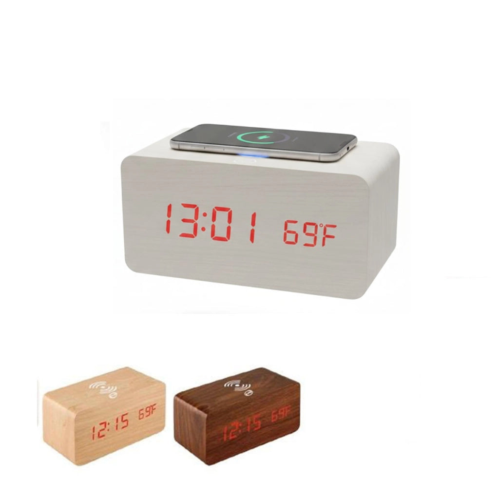 SVEGLIA DIGITALE MULTIFUNZIONE LEGNO LED RICARICA WIRELESS TEMPERATURA 06724