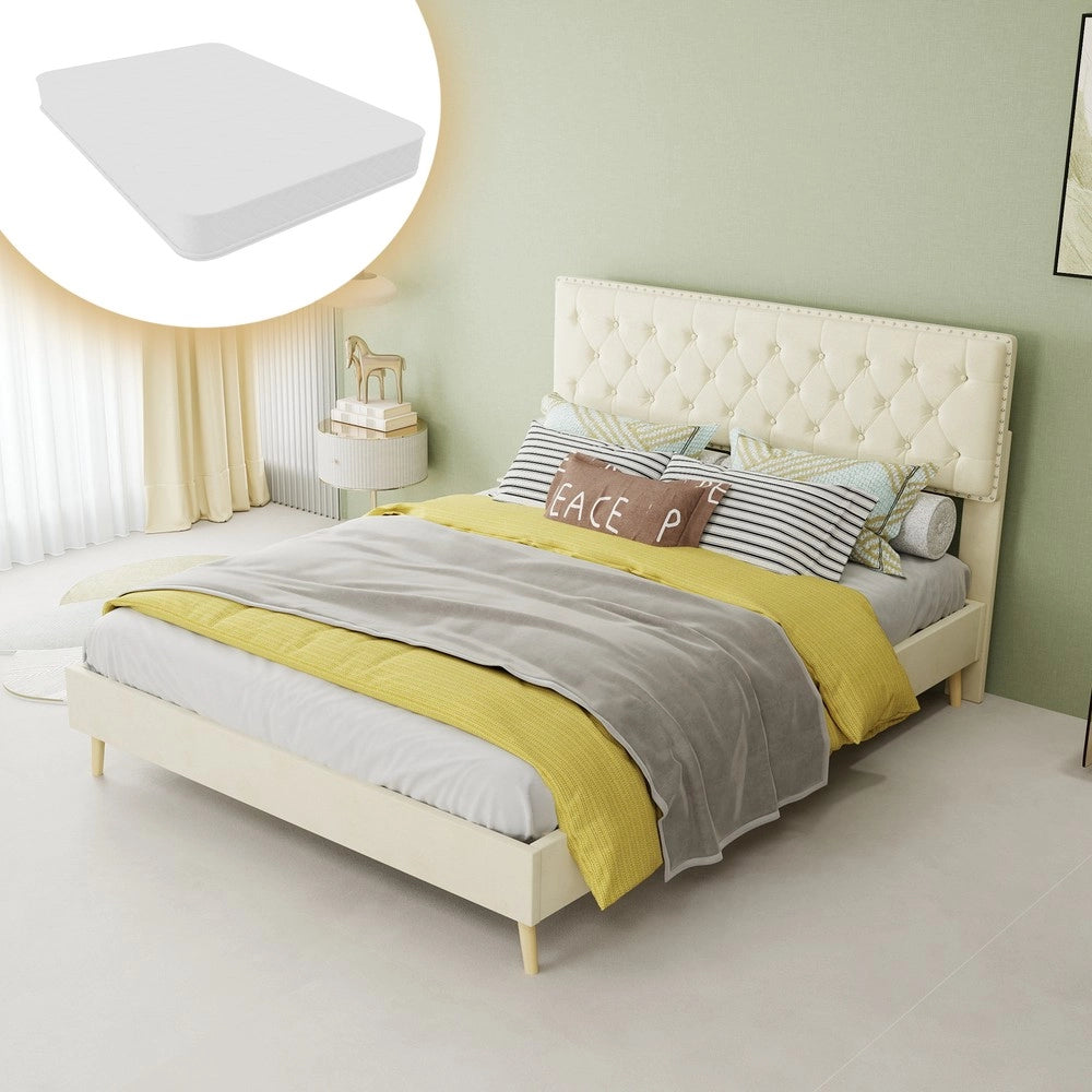 Letto Contenitore Imbottito ¨C MINIMAL ¨C Beige, Matrimoniale 140x200, con Materasso