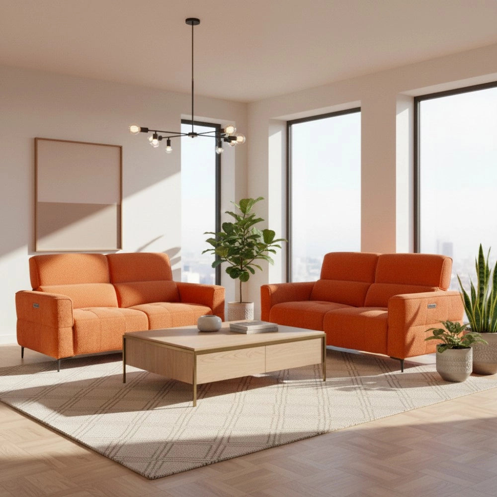 Set divani recliner Luxora 3 posti + 2 posti elettrici in tessuto aragosta