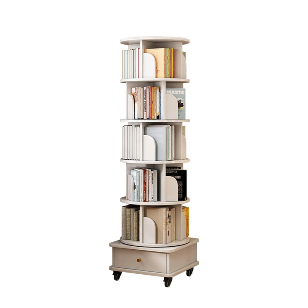 Libreria girevole 360° con ruote e cassetto, salvaspazio, bianco, MDF