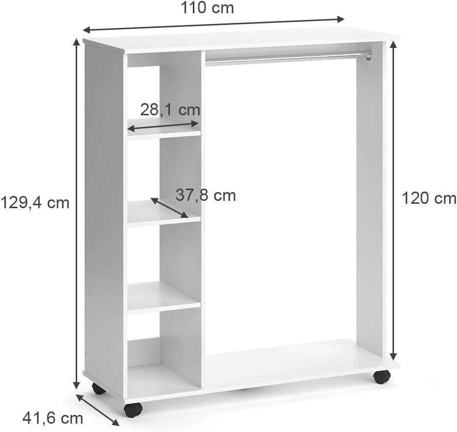 Armadio da ingresso Cosmo, Bianco, 110 x 129.4 cm, con ripiani aperti e ruote per un utilizzo flessibile
