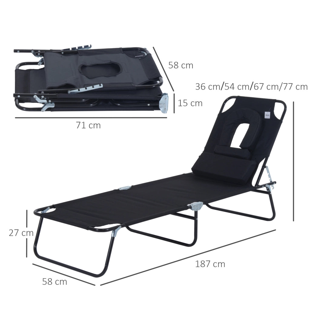 Easycomfort Sdraio Pieghevole Reclinabile su 4 Livelli con Foro per Lettura e Cuscino in Tessuto Oxford e Acciaio, 187x58x36 cm, Nero