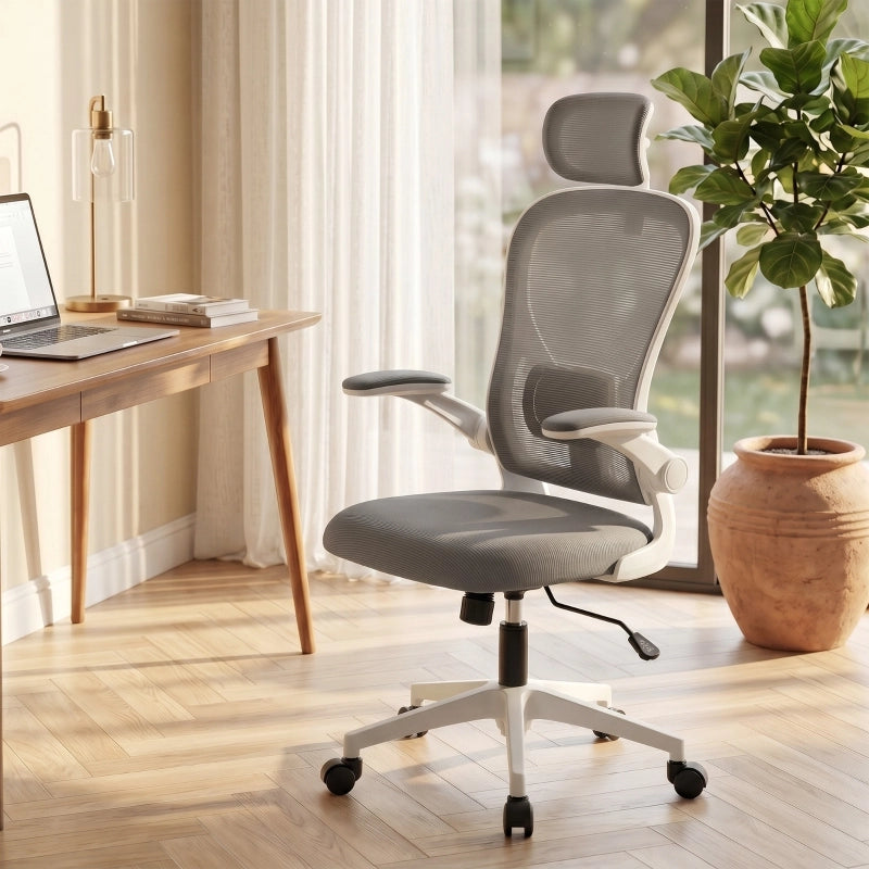 Sedia da ufficio ergonomica con braccioli ribaltabili e supporto lombare regolabile, grigia