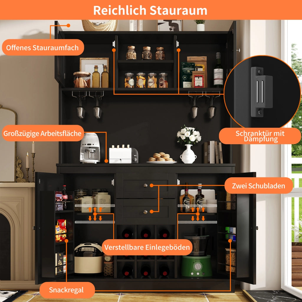 ARMADIO DISPENSA Cucina 120x40x188 cm MDF Nero con 4 ante e 2 cassetti