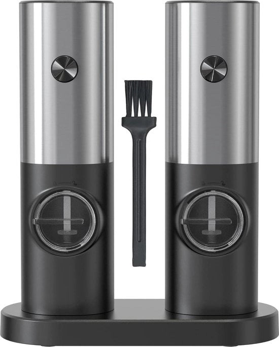 Set di macinatore di sale e pepe con alimentazione a batteria LED - regolazione della finitura - macchine di affilatura ceramica - base di stoccaggio - set da 2