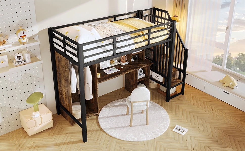 DESMIU Letto a Soppalco 1 Posto con Armadio, Scrivania, Vani Contenitori e Scala Contenitore 90 × 200 cm, Senza Materasso