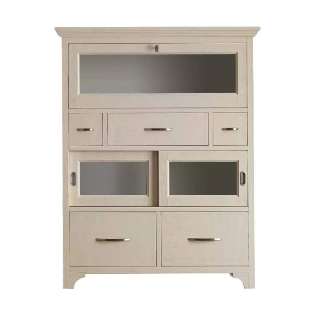 Dispensa shabby in legno massello 3 ribalte 5 cassetti avorio opaco l.110 p.45 h.140 - Mobili 2G