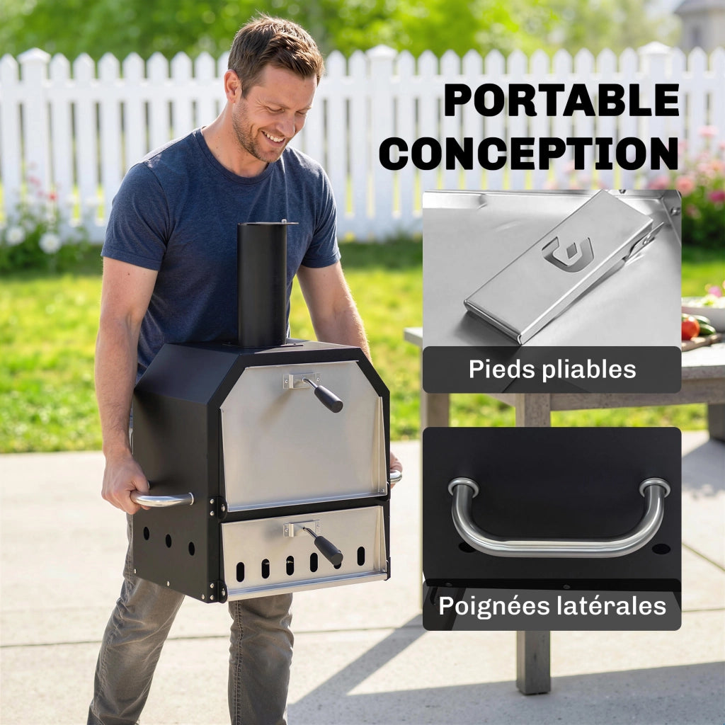 Barbecue a legna e carbone 2 livelli con pietra refrattaria e paletta ¨C zephmum ¨C nero 30 cm