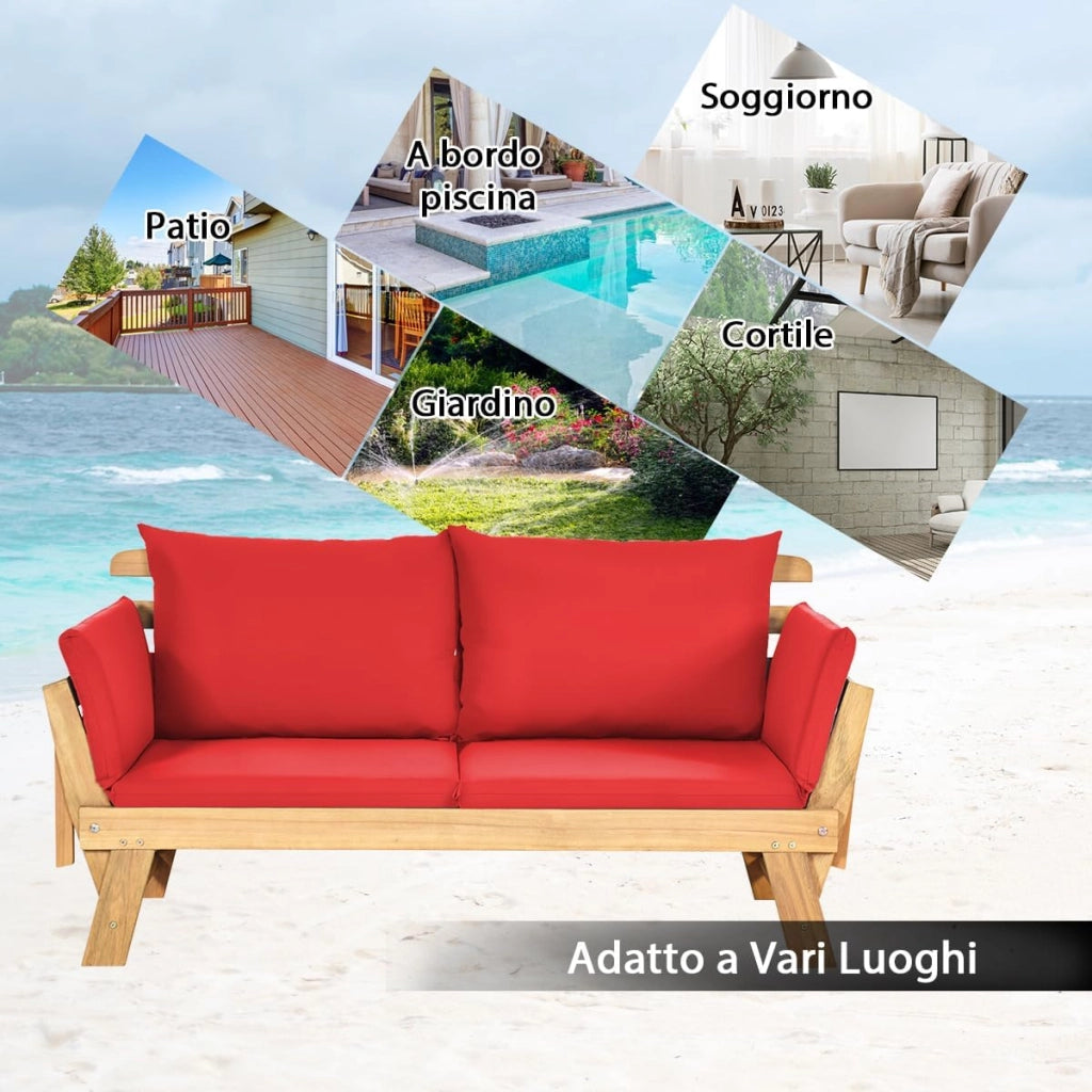 Divano Letto 2 Posti da Esterno in Legno di Acacia con Braccioli Regolabili, Sdraio da Giardino con Cuscini, Chaise longue Pieghevole per Giardino, Piscina, Cortile (Rosso)