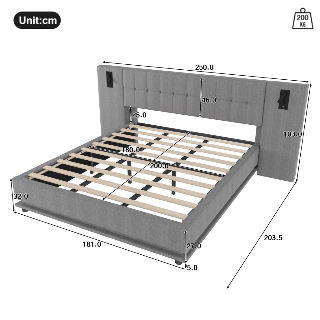 OKWISH Letto Imbottito 180×200 cm, Letto Matrimoniale con LED Regolabile, Luce Lettura e USB, senza Materasso, Lino, Grigio