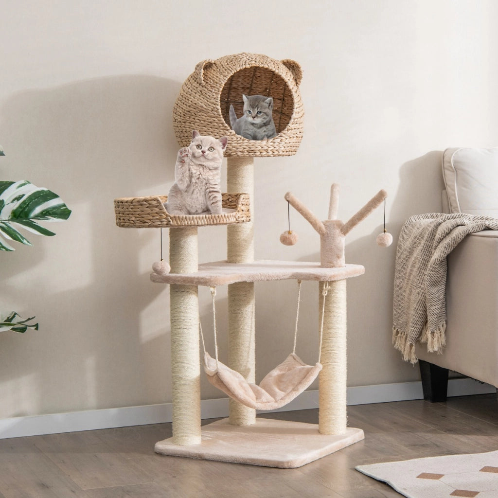 Torre per gatti alta 121cm con casetta in pelo grande letto amaca, Centro di attivit¨¤ per gattini Naturale-Alberi Tiragraffi
