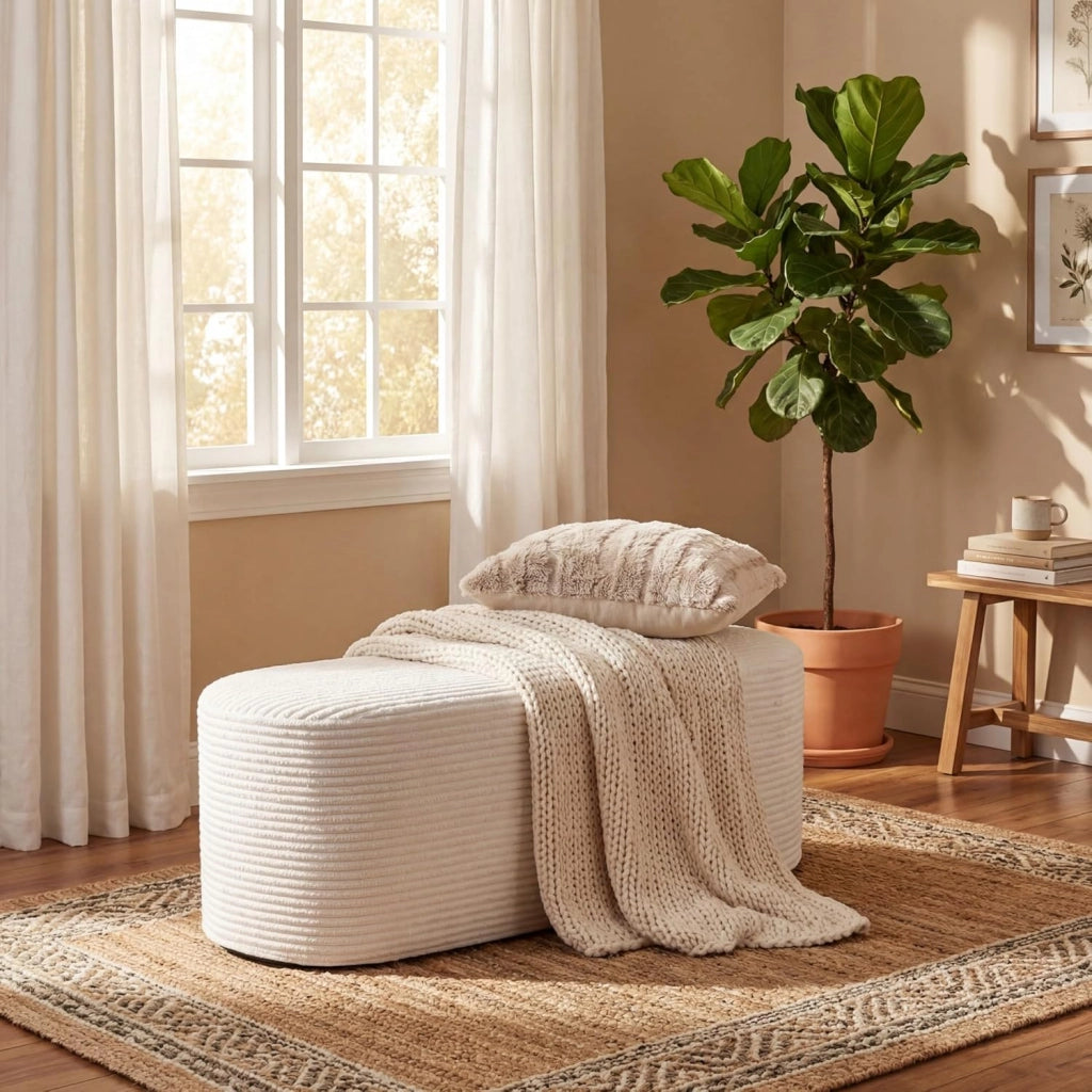 Pouf Poggiapiedi Imbottito 120 X 46 X 48 CM, Poggiapiedi Divano con Velluto a Coste e Spugna ad Alta Densità, Pouf Ovale con Base Antiscivolo per Soggiorno, Camera da Letto, Beige