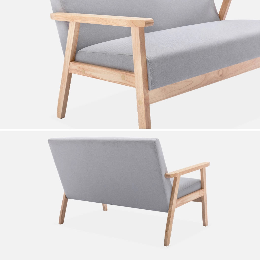 Divano stile scandinavo in legno e tessuto, 2 posti, grigio chiaro