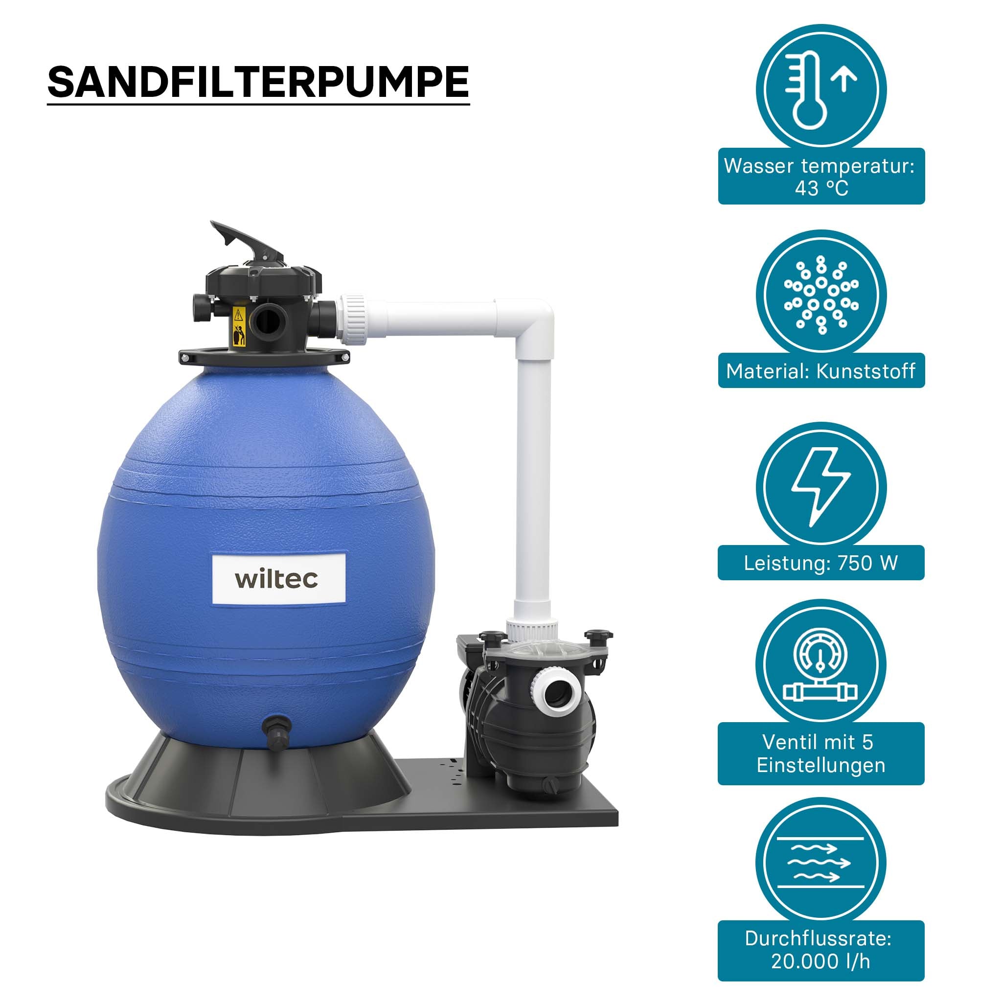 Filtro a sabbia per piscina, 750 W, serbatoio filtrante 71 l, pompa piscina autoadescante 20.000 l/h