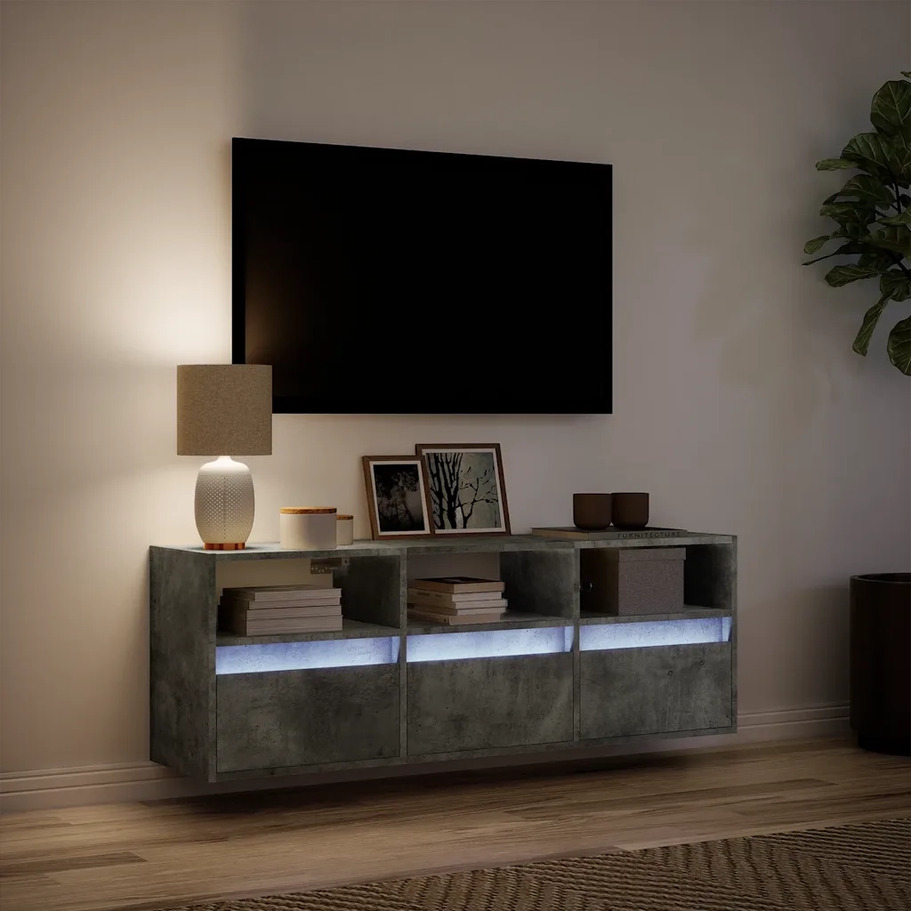 Mobile TV a Parete con Luci LED Grigio Cemento 130x31x45 cm