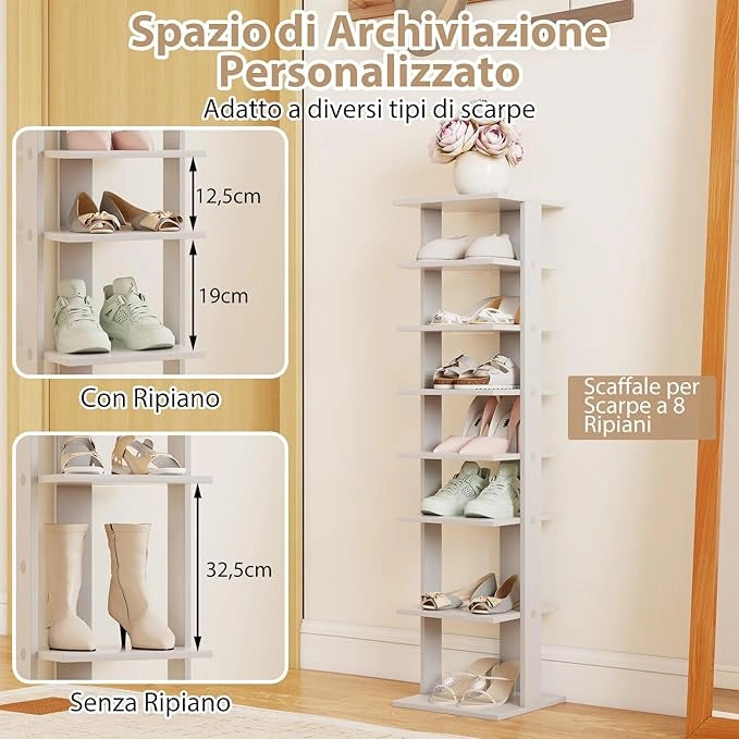 Scarpiera a 7 Ripiani, Scaffale Portascarpe in Legno con 2 Ripiani di Diverse Altezze, Scaffale Portaoggetti Multifunzione per Ingresso Soggiorno Camera da Letto, 28,5x25,5x110 cm (Grigio)
