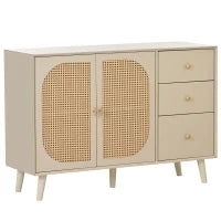 Credenza Moderna per Soggiorno con 2 Ante in Rattan e 3 Cassetti, Multiuso e Spaziosa, Bianco