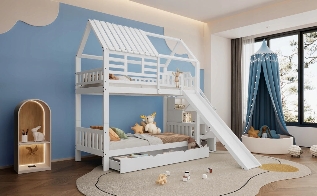Letto a castello per bambini - Xylo - 90x200cm - Bianco - Scivolo