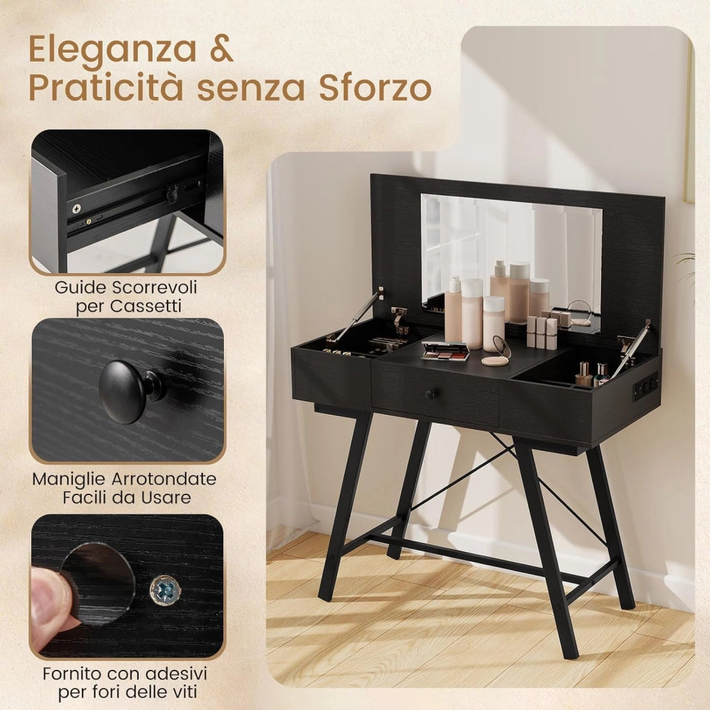 2 in 1 Tavolo da Trucco Pieghevole, Tavolo da Toeleta con Specchio a Ribalta, Stazione di Ricarica, 6 Scomparti, Cassetto, Piano di Lavoro, per Soggiorno Camera da Letto (Nero)