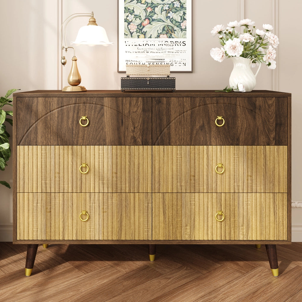 Credenza con 6 Cassetti; Maniglie ad Anello in Metallo Dorato; Stile Vintage; in MDF; 120??40??81 cm; Naturale