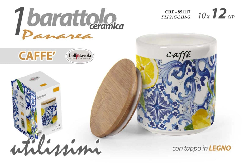 PANAREA BARATTOLO IN CERAMICA PER  CAFFÈ CON TAPPO IN LEGNO 10X12 CM