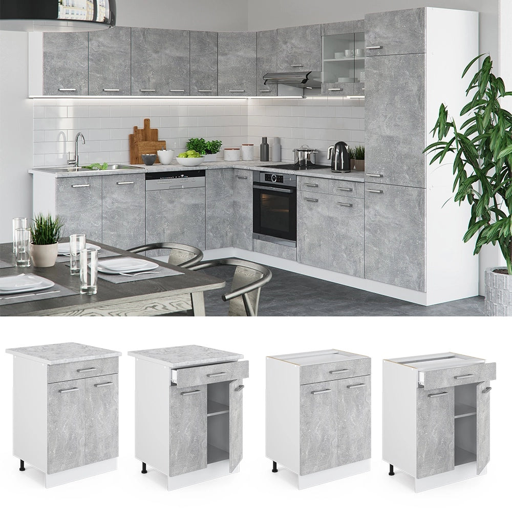 Mobiletto base per cucina R-Line Calcestruzzo/Bianco 60 cm con cassetto, senza piano di lavoro Vicco