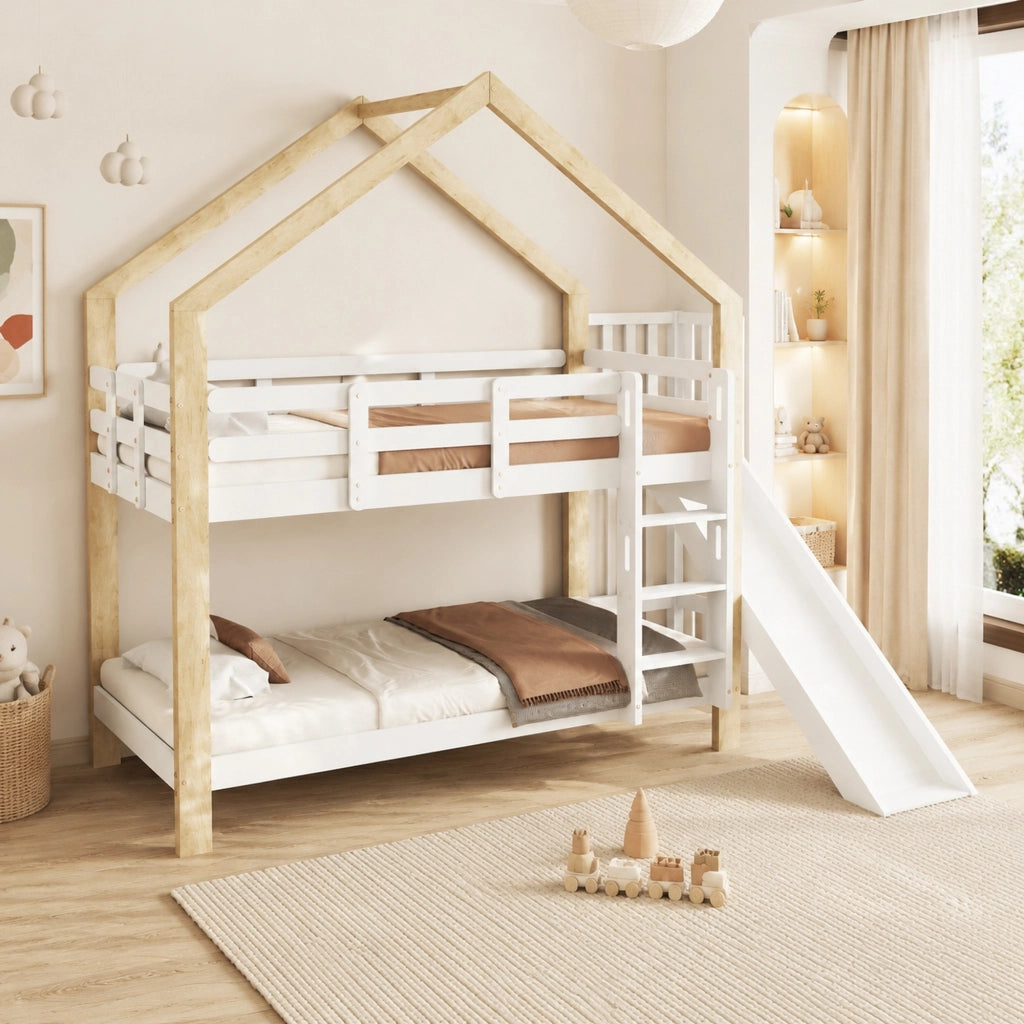Letto a castello per bambini a casetta con scivolo 90x200 cm