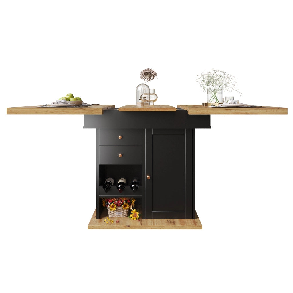 Tavolo da pranzo allungabile con anta ribaltabile, cassetto e ripiani, per cucina e soggiorno, nero, 110 × 80 × 75 cm