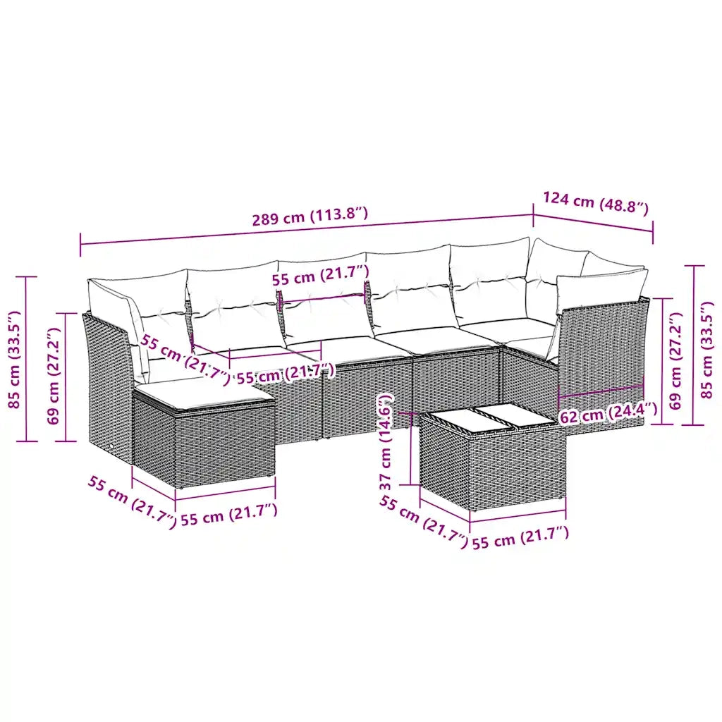 Set Divano da Giardino 8pz con Cuscini Grigio Chiaro Polyrattan