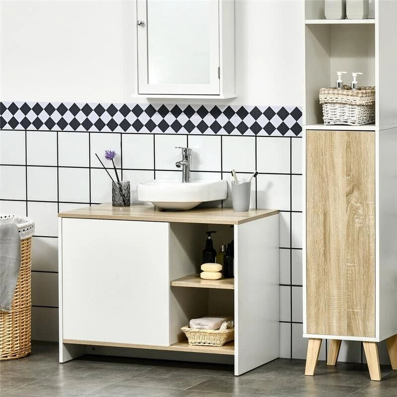 MOBILE BAGNO SOTTOLAVABO CON ARMADIETTO E 2 MENSOLE 77X45X60CM BIANCO E LEGNO