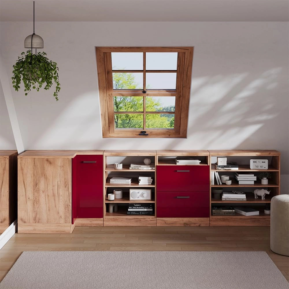 Mobile sottotetto Mobile angolare Rion, Rosso lucido, 75.6 x 81.6 cm con 1 porta, carcassa dell’armadio profondità 60 cm, adatto per il salvaspazio sotto tetti spioventi