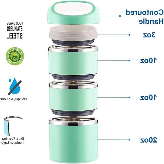 Contenitore a 3 livelli termoisolante per cibo in plastica rvs, 1380ml, verde