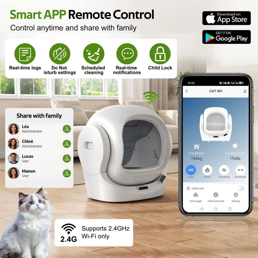 Lettiera automatica per gatti con app; 68 L; contenitore rifiuti 8 L; bianca