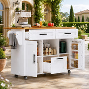 Carrello cucina bianco con ruote girevoli, vassoio pieghevole, cassetti e ripiani regolabili 120x46/71x90 cm