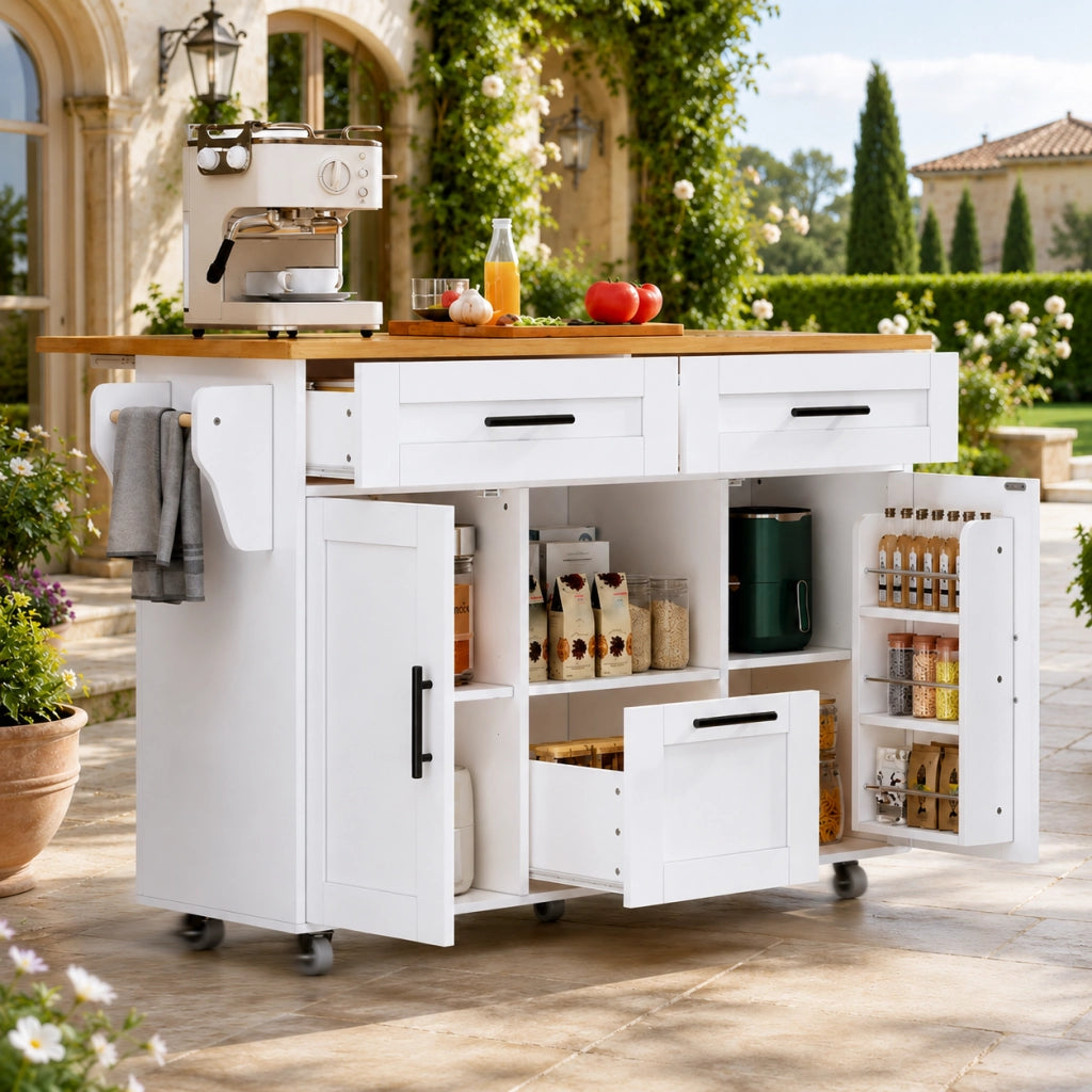 Carrello cucina bianco con ruote girevoli, vassoio pieghevole, cassetti e ripiani regolabili 120x46/71x90 cm