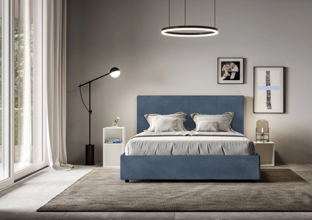 BS COM Letto una piazza e mezza senza rete imbottito 130x210 microfibra blu
