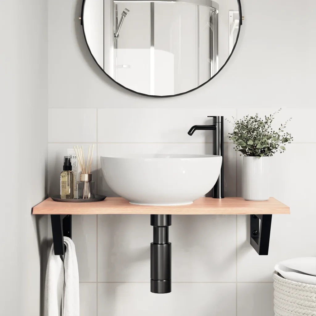 Ripiano a Parete per Lavabo in Acciaio e Massello di Rovere 3302567