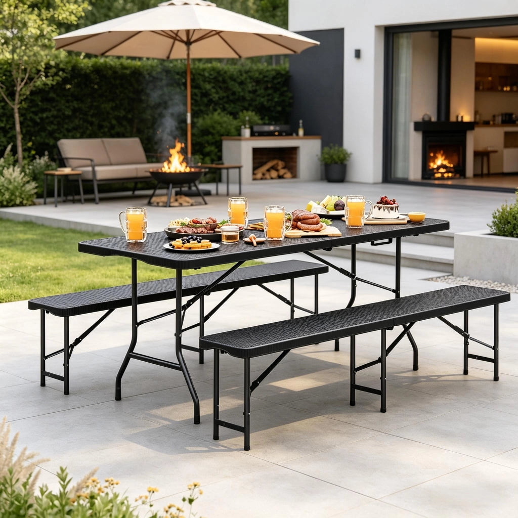 SET DA GIARDINO PIEGHEVOLE 180x74x70 cm HDPE NERO per 8-10 persone